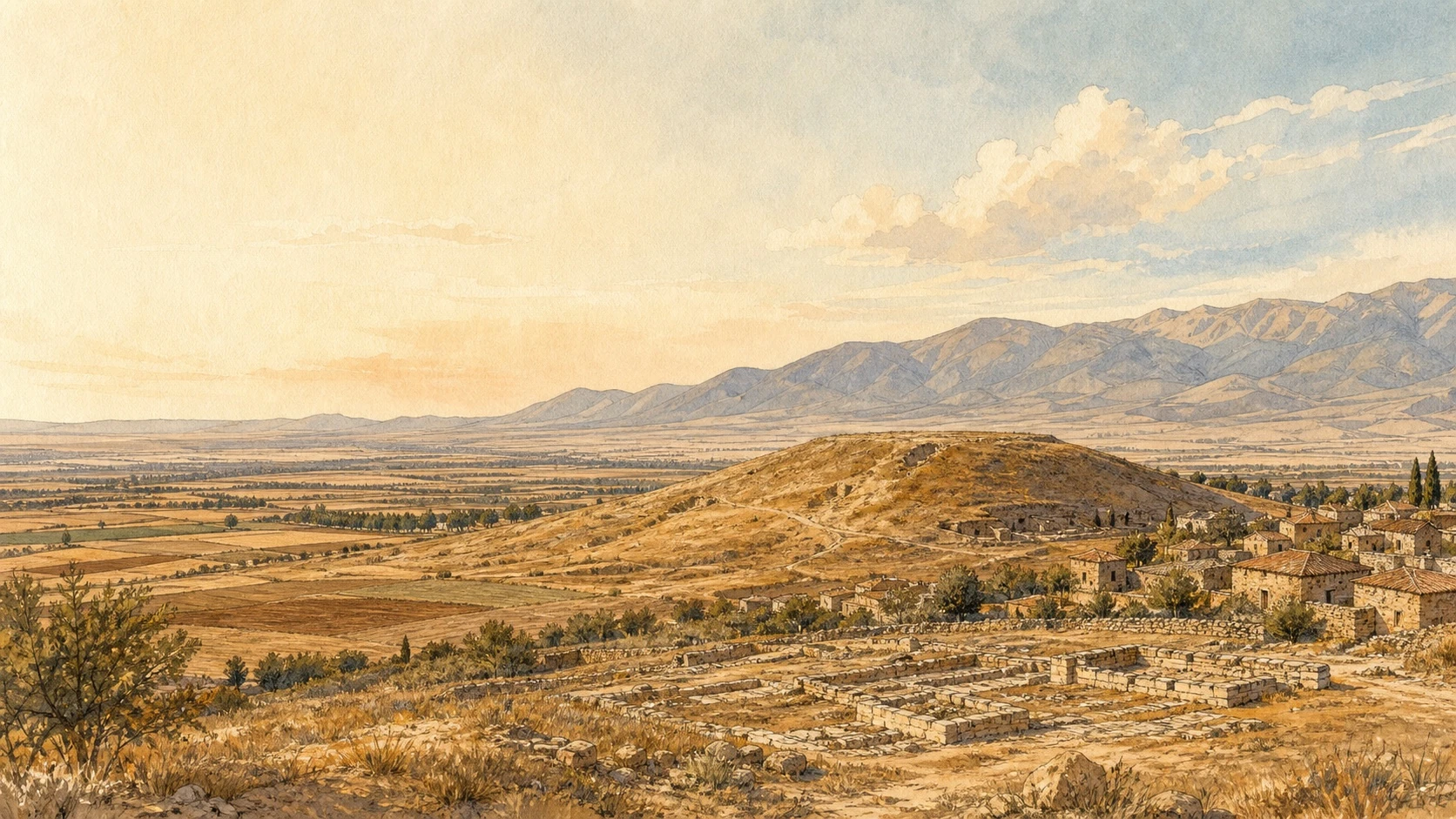 Hatunsaray ovası ve höyük peyzajının illüstrasyonu