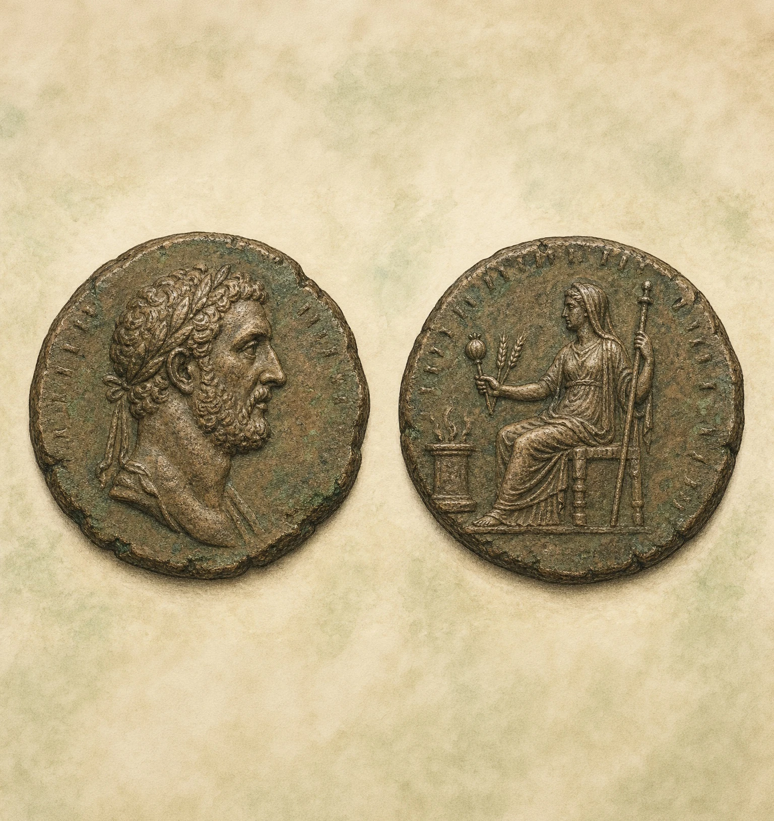 Antoninus Pius dönemine ait Lystra sikke tipinin ön ve arka yüzünü gösteren özgün sanatsal çizim