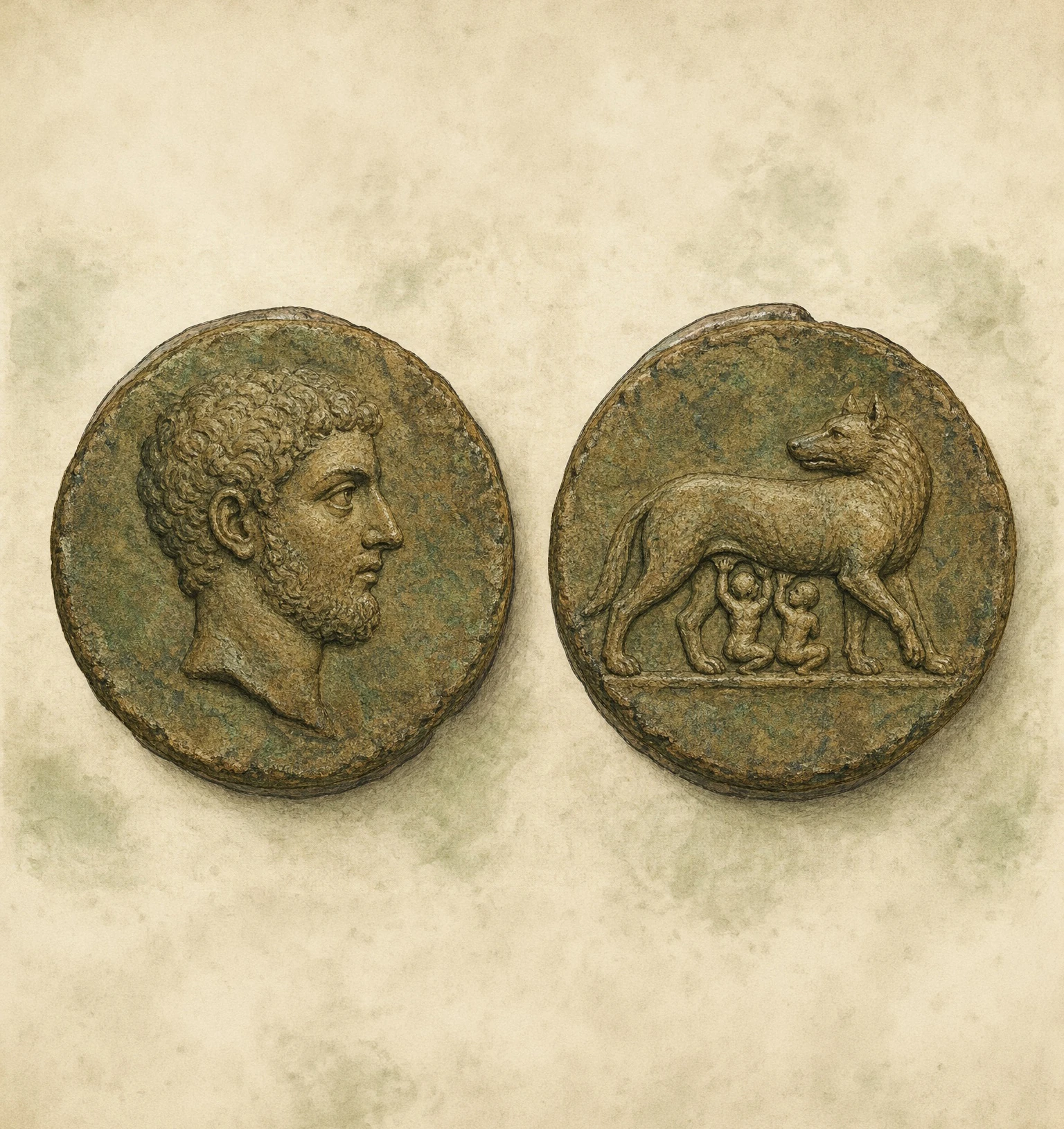 Marcus Aurelius'un Caesar olduğu döneme ait, dişi kurt ile Romulus ve Remus betimli Lystra sikke tipinin özgün sanatsal çizimi