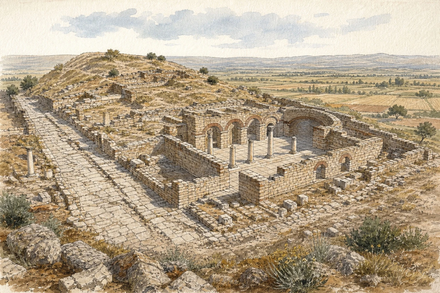 Lystra antik yerleşimini yorumlayan özgün illüstrasyon